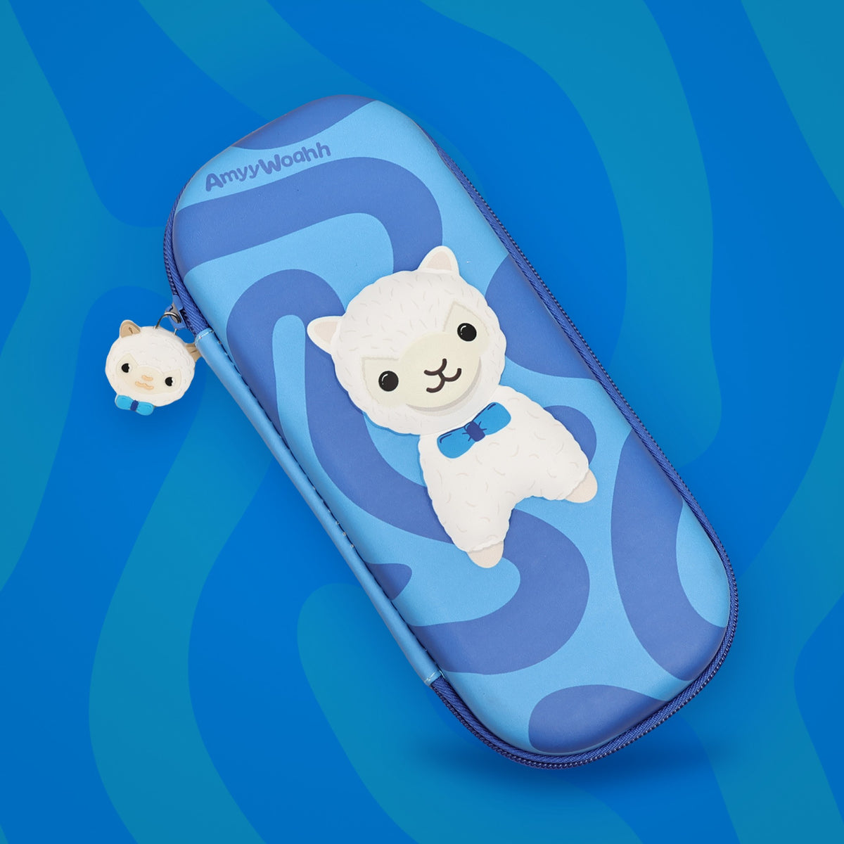 Llamadean pencil pouch on a blue swirl background