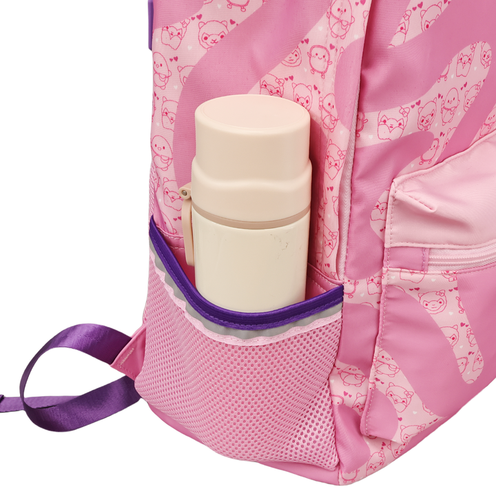 LLamabean backpack with a water bottle in a pocket on a white background