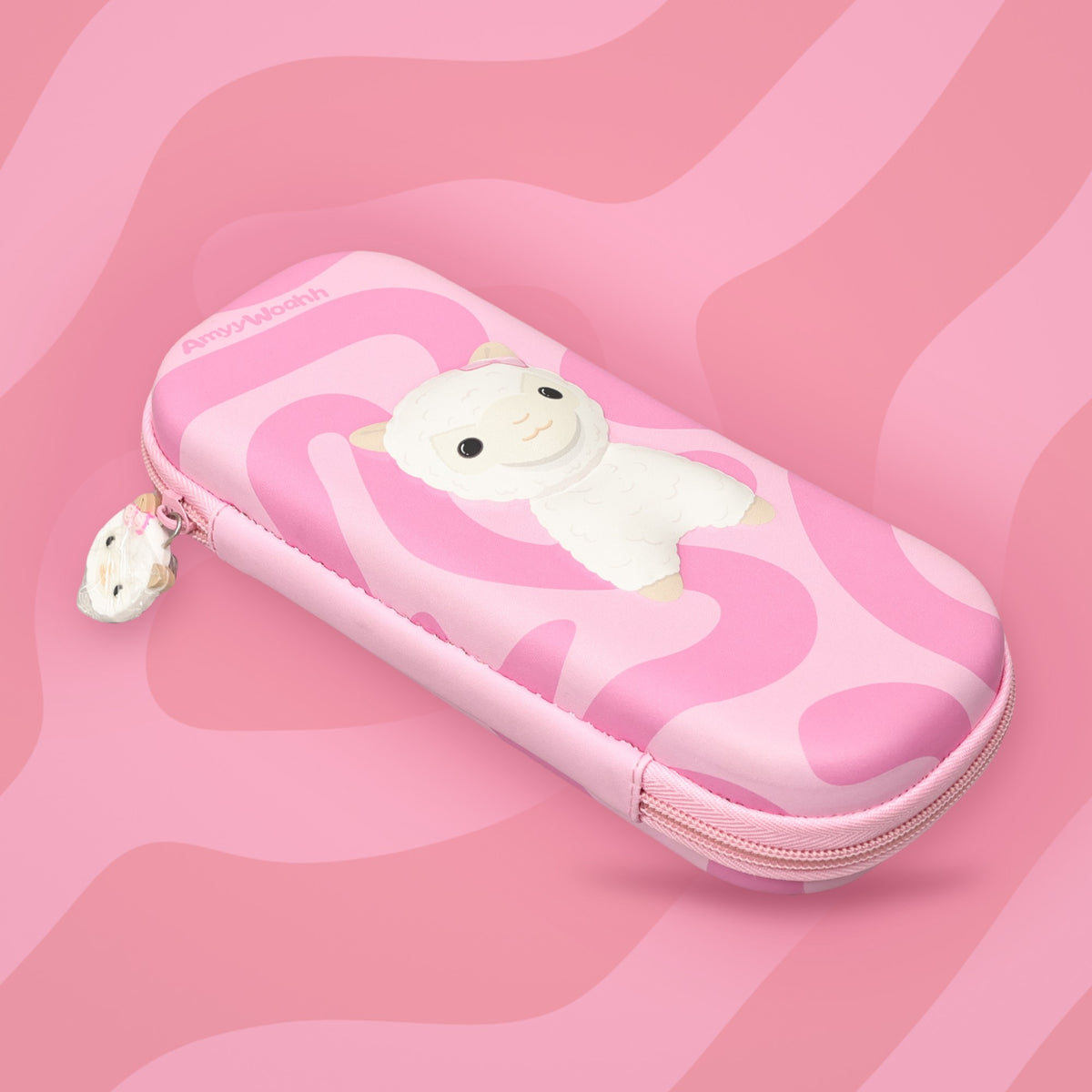 Fluffbean pencil pouch on a pink swirl background
