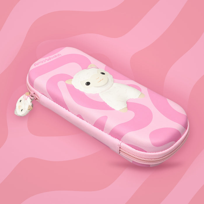 Fluffbean pencil pouch on a pink swirl background