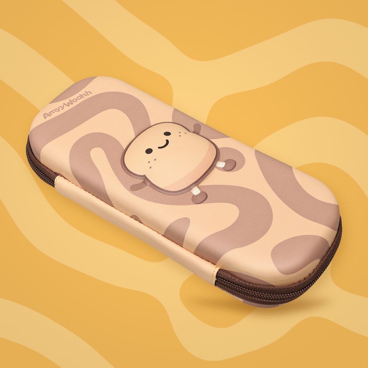 Lil Toast pencil pouch on a yellow swirl background
