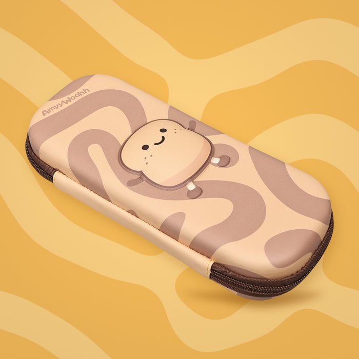 Lil Toast pencil pouch on a yellow swirl background