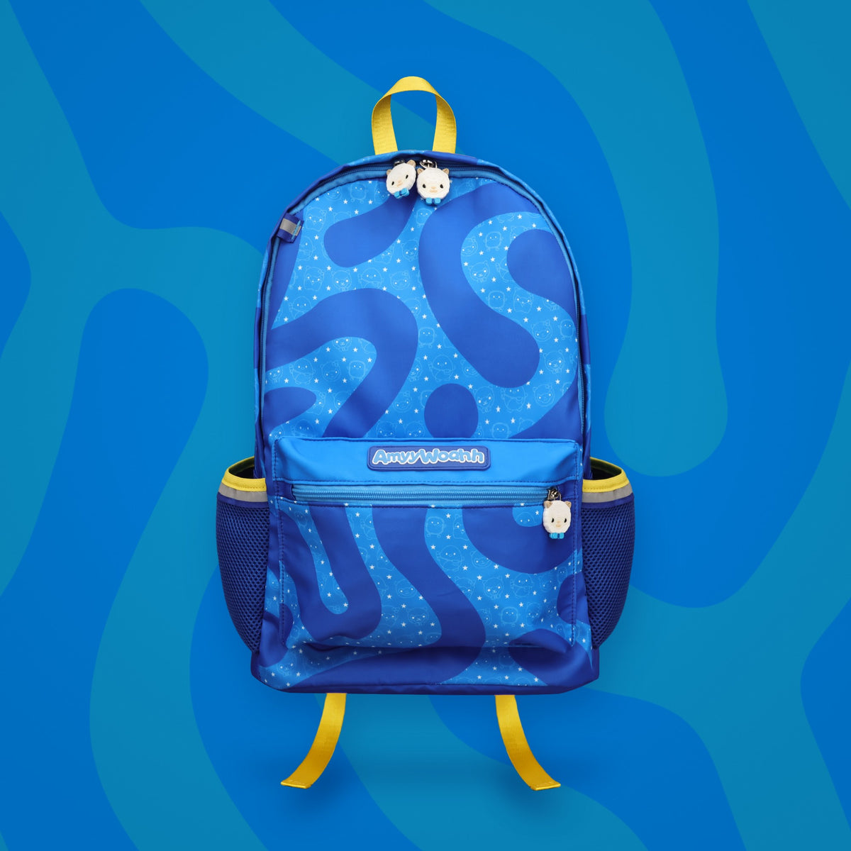 Llamadean Dream Backpack, front, on a blue swirl background