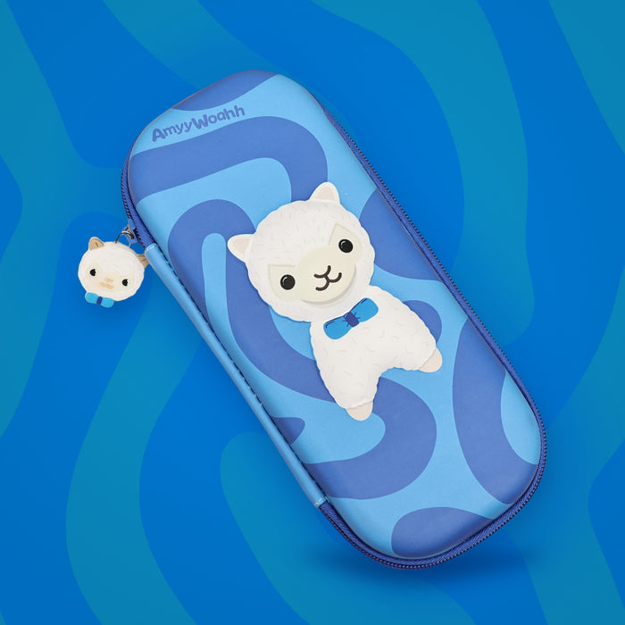 Llamadean pencil pouch on a blue swirl background
