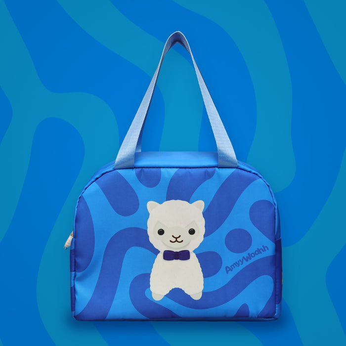 Llamadean lunch box on a blue swirl background