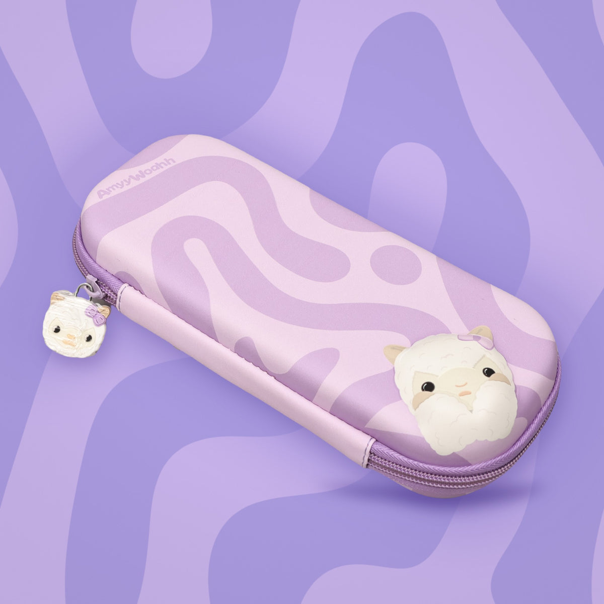 Shybean pencil pouch on a purple swirl background