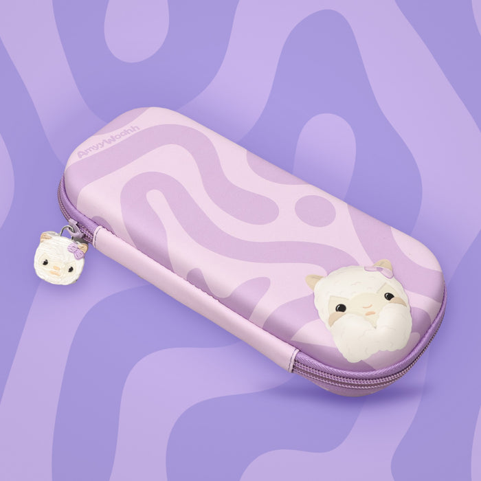Shybean pencil pouch on a purple swirl background